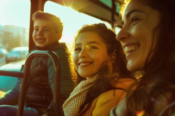 Poster - A group of people sitting and standing on a public transportation vehicle