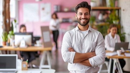 Angel investor with halo evaluating startup pitch, serene smile in soft morning light, entrepreneurial success concept