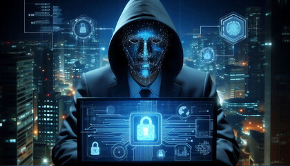 A Man with a Hacker Mask and Hoodie: Cyber Security, Computer, Businessman, Protection, Technology,