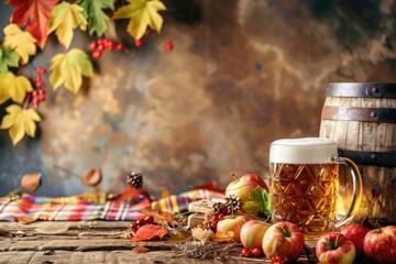 Poster - A glass of beer sits next to a barrel of beer, perfect for a party or celebration