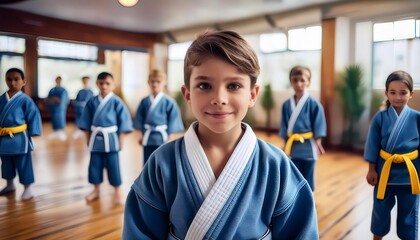 Kids of different ages in kimono having training session Generated image