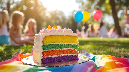 Wall Mural - A vibrant Rainbow Cake with colorful layers, beautifully arranged on a picnic blanket in a sunny park, surrounded by playful children and balloons, creating a festive and joyful atmosphere.