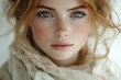 © julija - ethereal portrait of freckled woman delicate floral scarf soft natural lighting dreamy atmosphere