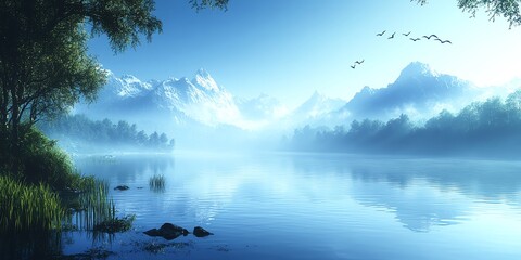 Tranquil mountain lake with birds flying over clear blue water and a misty background.