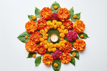 Wall Mural - A candle surrounded by flowers and leaves on a white surface, suitable for home decor or wedding centerpieces