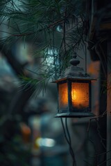 Poster - A hanging lantern suspended from a tree branch with foliage and shadows