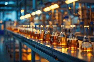 Poster - Row of laboratory flasks filled with various liquids