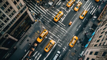 Poster - Aerial view of a bustling metropolis with skyscrapers, cars, and pedestrians