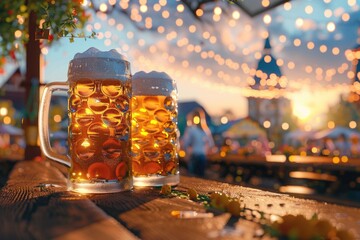 Poster - Two empty beer mugs sit on a wooden table, ready for use