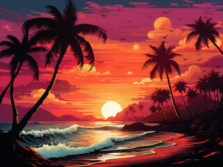 Poster - Gorgeous Pastel summer beach sunset illustration design