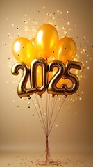 Wall Mural - Golden Happy New Year 2025 Balloons with Confetti