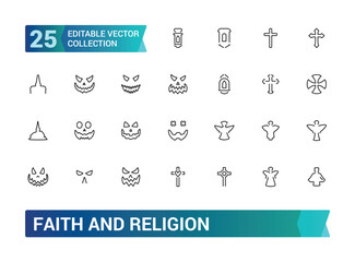 Religion and faith line icons collection. Big UI icon set in a flat icons set. Thin outline icons pack. editabale stroke icons set.