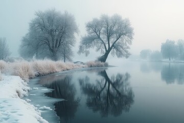 Wall Mural - ethereal winter landscape frozen bodies of water misty atmosphere soft pastel colors dreamlike reflections serene and mystical ambiance