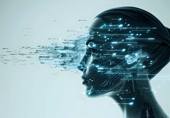 Poster - A side view of an AI robot head with glowing data streams and icons, set against a white background