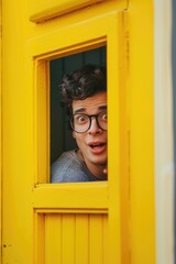 Poster - A person peers through a bright yellow door, providing a glimpse into what's on the other side
