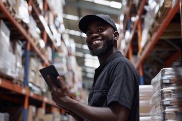 Aufkleber - A person standing in a warehouse holding a tablet computer, potentially using it for inventory management or data tracking