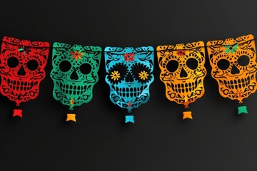 Aufkleber - A row of vibrant sugar skulls hung from a colorful string, perfect for decorating and celebrations