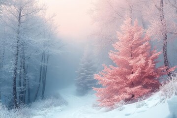 Wall Mural - ethereal winter landscape snowladen trees in misty forest soft diffused light muted pastel colors serene and dreamlike atmosphere