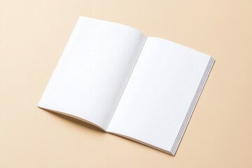 open magazine mockup, close up, high angle view, beige background