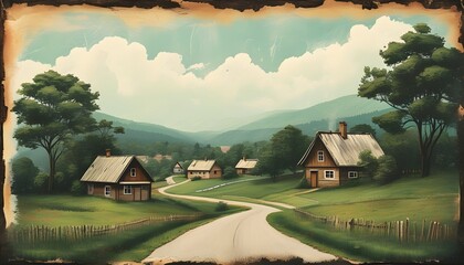 Wall Mural - Charming Vintage Landscape of a Village Road on Old Paper with Timeless Appeal