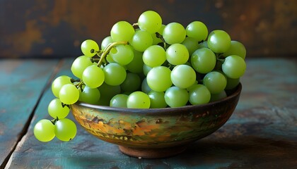 Canvas Print - Fresh Green Grapes Displayed in a Charming Rustic Bowl