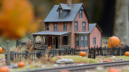 Wall Mural - Miniature Haunted House with Pumpkins and a Spooky Fence. A detailed miniature model of a haunted house with pumpkins, an eerie black fence, and fall leaves,