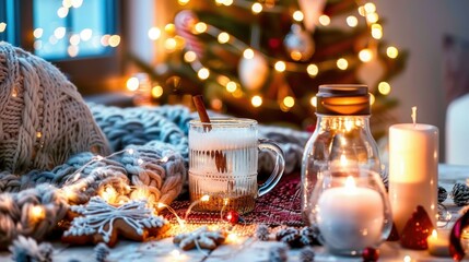 Wall Mural - A glass mug on the table, surrounded by fairy lights and Christmas decorations