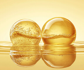  two spheres of golden oil floating on the surface 