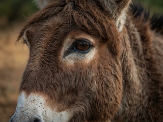 Wall Mural - Close-up of a donkey's face capturing soulful eyes and soft background.