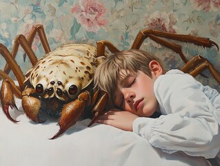 Canvas Print - A Boy Asleep Beside a Giant Spider - Surreal Painting