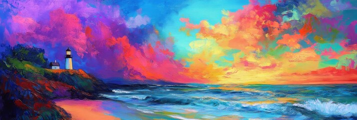 Vibrant oil painting of a lighthouse standing tall on a rocky cliff overlooking a vast, colorful sunset sea. The scene evokes themes of hope, guidance, and the beauty of nature.