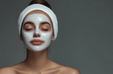 Wall Mural - Cosmetology, portrait of a girl, face mask. Minimalism, space for text. Beauty and health concept. Beauty salon advertisement, banner, business card, brochure. Concept of quiet luxury.