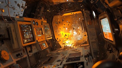 a spaceship interior with a large explosion visible through a broken window.