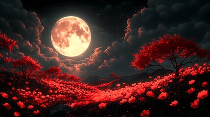 Canvas Print - Full moon illuminates a field of red flowers under a cloudy night sky.