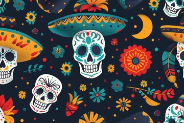 Canvas Print - Pattern of skulls and flowers on a dark, mysterious backdrop