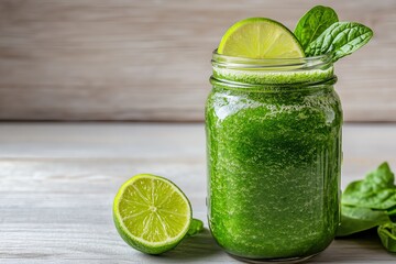 Refreshing green smoothie in a jar with lime slice and mint leaves, perfect for a healthy lifestyle or summer drink inspiration.