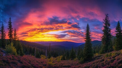 Poster - Vibrant Sunset over Mountain Range