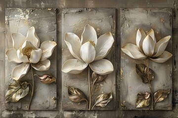 Poster - A group of three metal flowers mounted on a wall