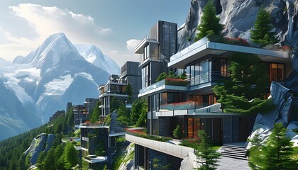 Wall Mural - Contemporary city skyline juxtaposed against majestic mountain backdrop