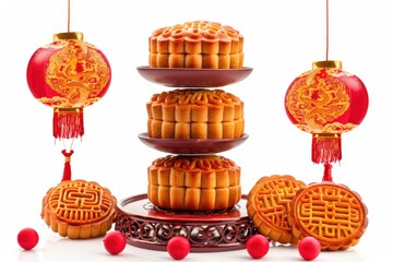 Canvas Print - A colorful tower of Chinese sweets and pastries on a white background, perfect for food or cultural themed designs