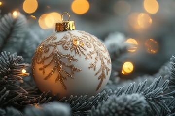 Wall Mural - festive christmas wallpaper featuring an artfully decorated bauble ornament nestled among frosted fir branches sparkling with golden lights and rich traditional holiday colors