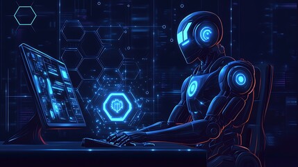 A futuristic robot working on a computer with glowing blue lights.