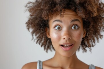 Wall Mural - Attractive mulatto woman with funny surprised look on face on white background