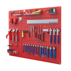 A organized tool wall featuring various hand tools on a red pegboard, ideal for workshops and DIY enthusiasts., isolated on a transparent background.