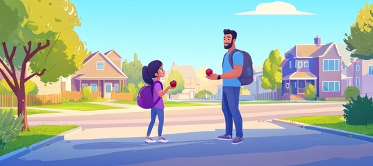  A father stands in the middle of his driveway, holding out an apple to his daughter as she walks towards him . The background is a suburban neighborhood with trees and houses in a flat cartoon style.