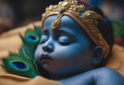 Cute little sleeping baby Krishna with blue skin and peacock feather Hindu god Lord Krishna Krishna