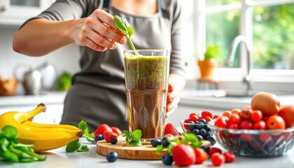 Photograph a person preparing a healthy smoothie in a bright kitchen, using fresh ingredients like spinach, bananas, and berries, with vibrant colors highlighting the scene.