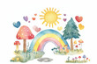 © Neon_Drop - A whimsical watercolor illustration of a rainbow arching across the sky, with vibrant colors and playful shapes representing trees, flowers, animals.