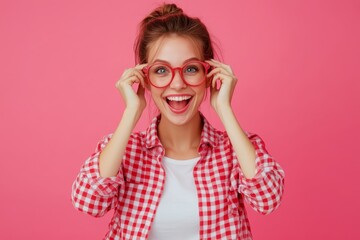 Cheerful gorgeous attractive glad lady in casual checkered shirt, Generative AI