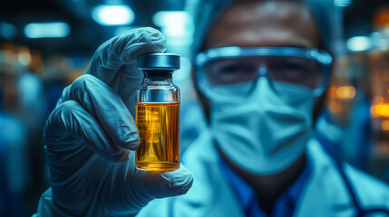 Poster - Doctor in a mask holding a vaccine vial, with glowing medical symbols in the background